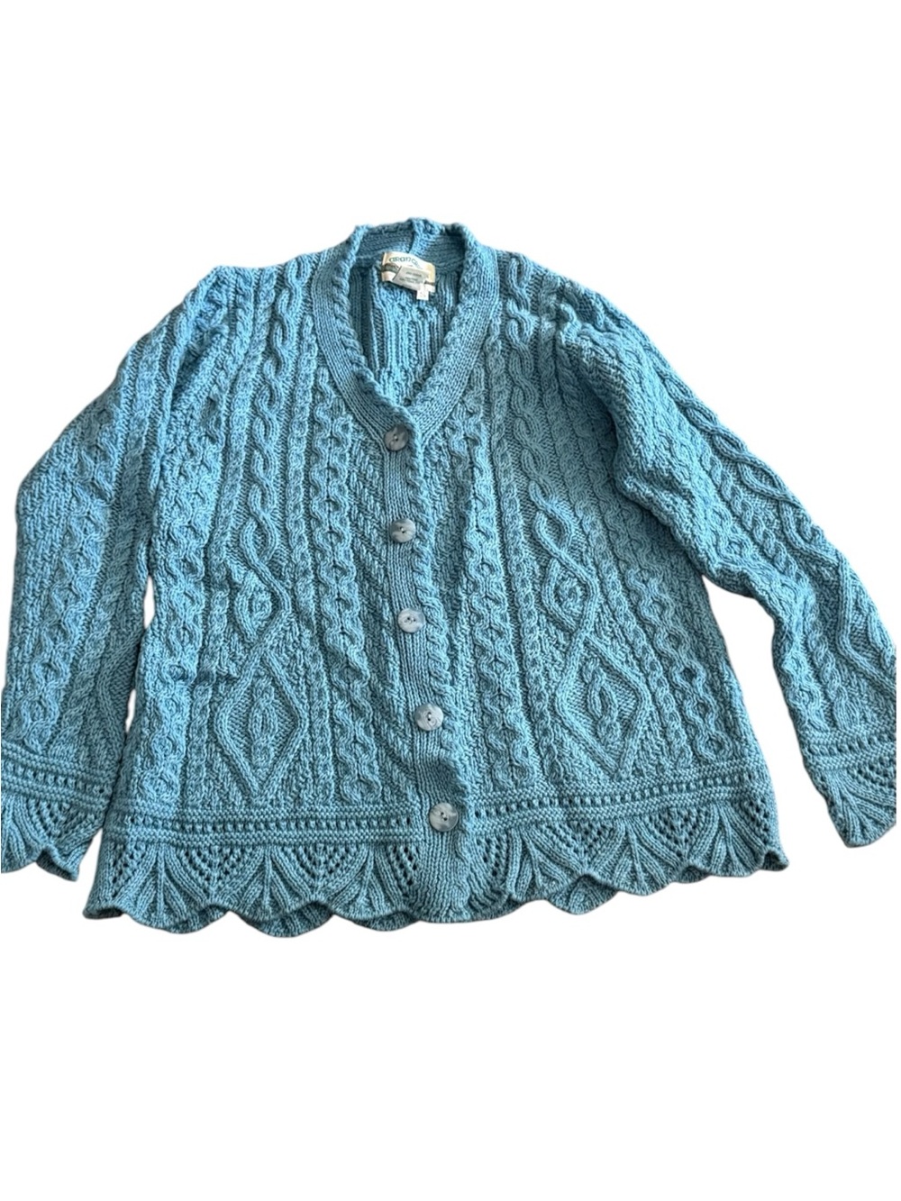 Aran Crafts Ireland Vintage Blue Merino Wool Cable Knit Cardigan Small Cottageco - Picture 2 of 7